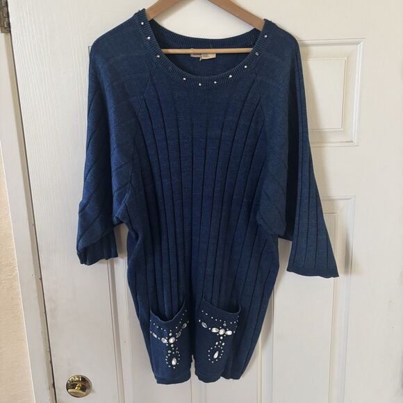 Vintage Womens Sweater Dress Bling Size Large Blue Boho Glam Retro Fairy 90s - Picture 2 of 11